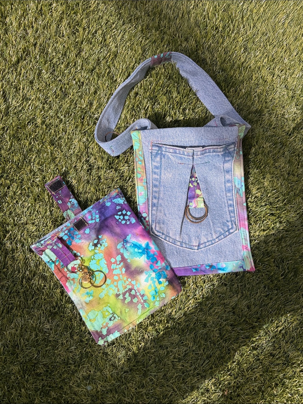 Handmade Upcycled Denim Tote Bag Tie-dye Trim Boho Shoulder Purse One of a Kind